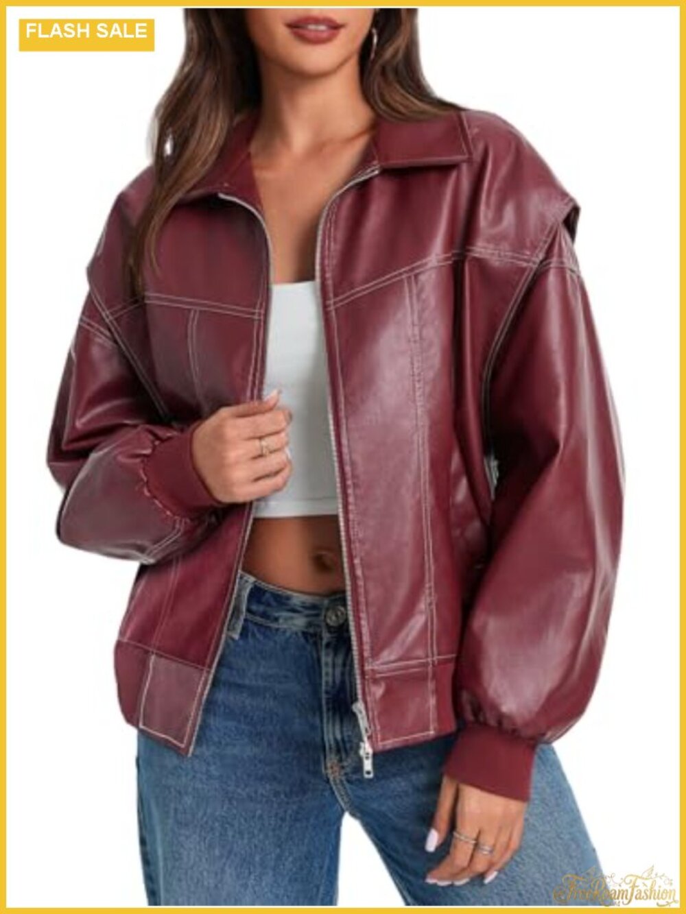 Oversized Faux Leather Bomber Jacket Zip Up Moto Biker Coat